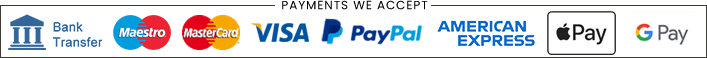 bank transfer, maestro, mastercard, visa, paypal, american express, apple pay, google pay